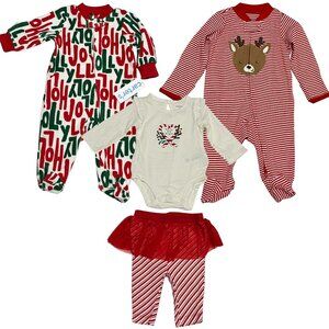Carters 4 Pc Baby Girl Christmas Outfit Lot 3 Mos Pjs One Pieces Holiday NEW
